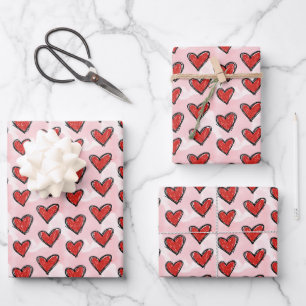 Cute Kid's Art Style Red Hearts on Pink Watercolor Wrapping Paper Sheets
