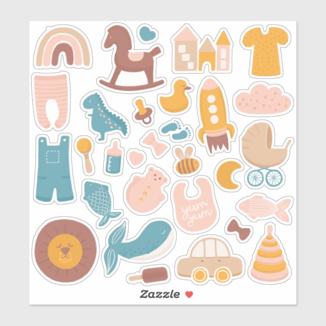 Cute kids baby animals and toy. Funny nursery Sticker (Sheet)