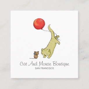 Cute Kid's Baby Retail Boutique Cat Mouse Balloon Square Business Card