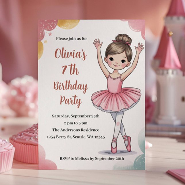 Cute Kids Ballerina 7th Birthday Party Invitation (Creator Uploaded)
