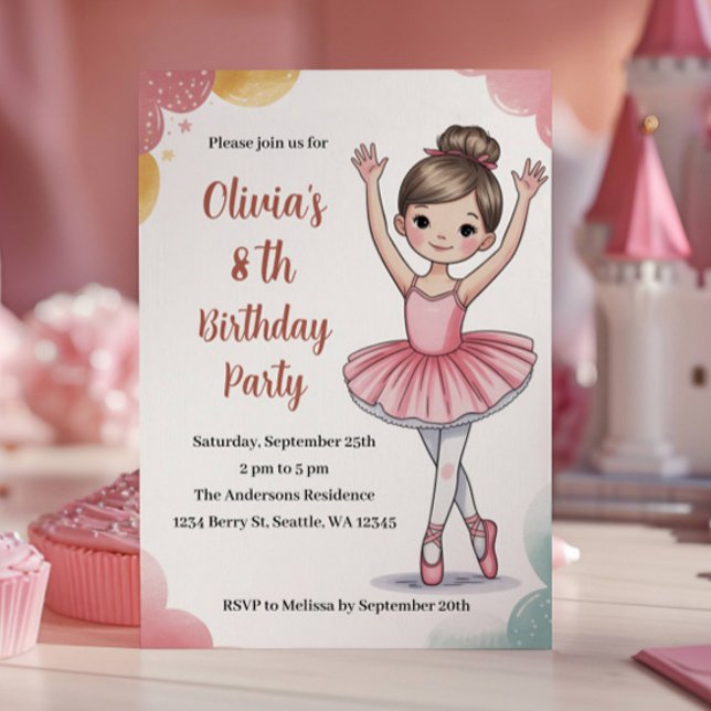 Cute Kids Ballerina 8th Birthday Party Invitation (Creator Uploaded)