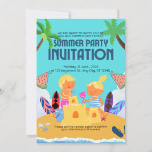 Cute Kids Beach Summer Party Invitation Fun Sand