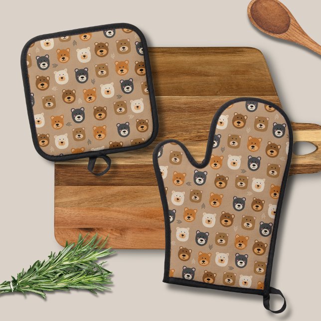 Cute kids bear head oven mitt & pot holder set (Brown bear kids oven glove mitt set )