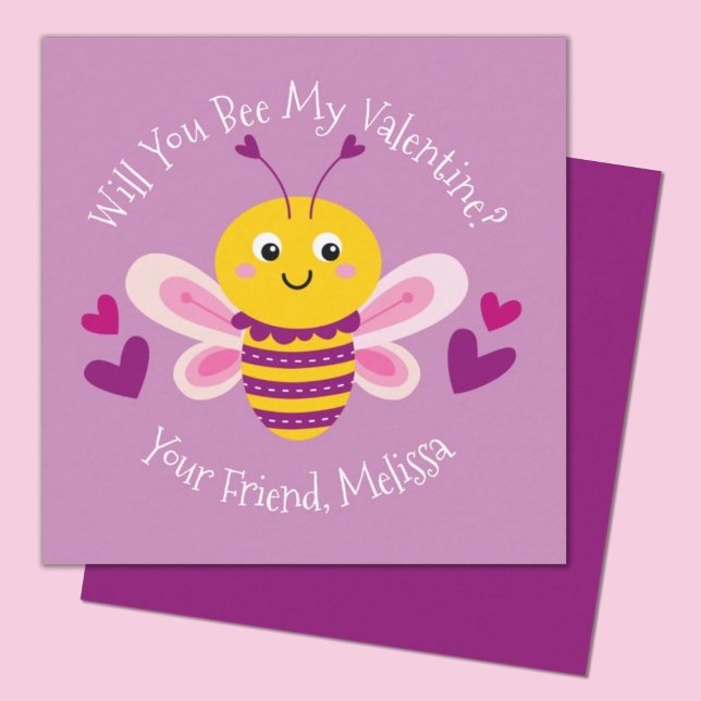 Cute Kids Bee Valentines Day Note Card (Cute bumblebee valentine.  perfect for a kids classroom exhange. personalize it with your kids name.)