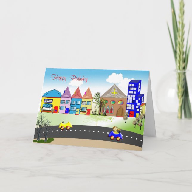 Cute Kids Birthday Card Colorful Little Town (Front)