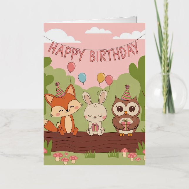 Cute Kids' Birthday Design with Fox, Bunny & Owl Foil Greeting Card (Front)