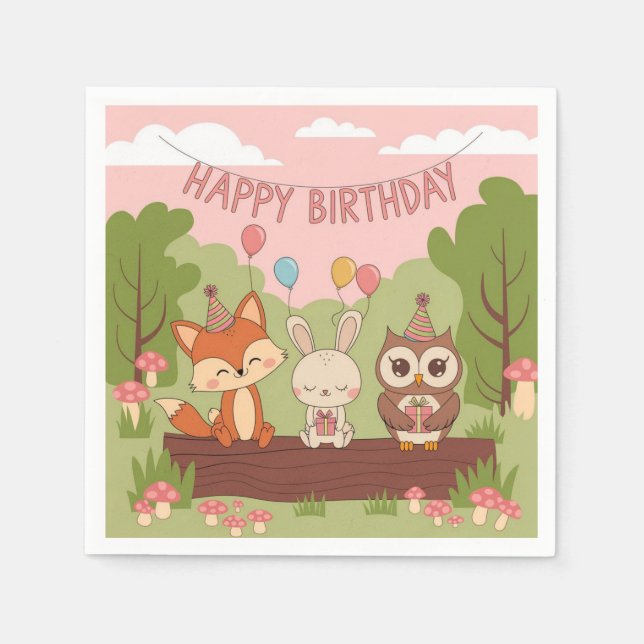 Cute Kids' Birthday Design with Fox, Bunny & Owl Napkins (Front)