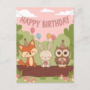 Cute Kids' Birthday Design with Fox, Bunny & Owl Postcard
