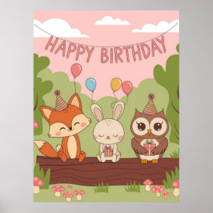 Cute Kids' Birthday Design with Fox, Bunny & Owl Poster