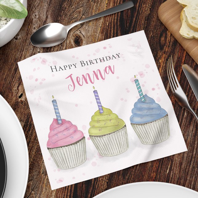 Cute Kids Birthday Party Cupcakes Custom Napkins (Happy Birthday cute party custom napkin with watercolor cupcakes.)
