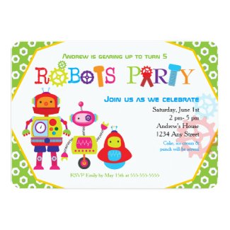 Cute Kids Birthday Party Robots Green Card