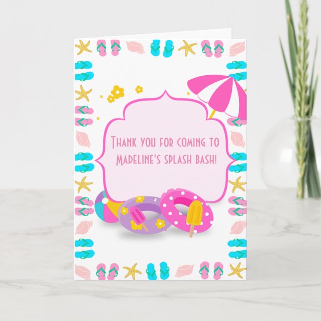 Cute kids birthday pool party thank you note card (Front)