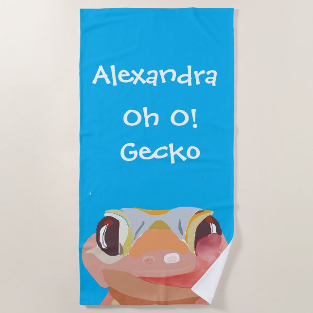 Cute Kids Blue Gecko (lizard )  Name Fun Quote Beach Towel (Front)