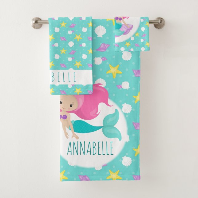 Cute Kids Blue Pink Mermaid Princess Sea Shell Bath Towel Set (Insitu)