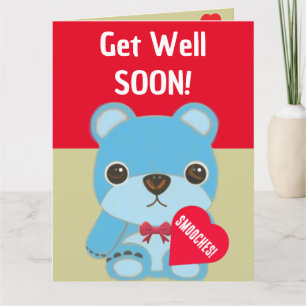 Cute Kids Blue Teddy Bear with Heart Get Well Soon Card