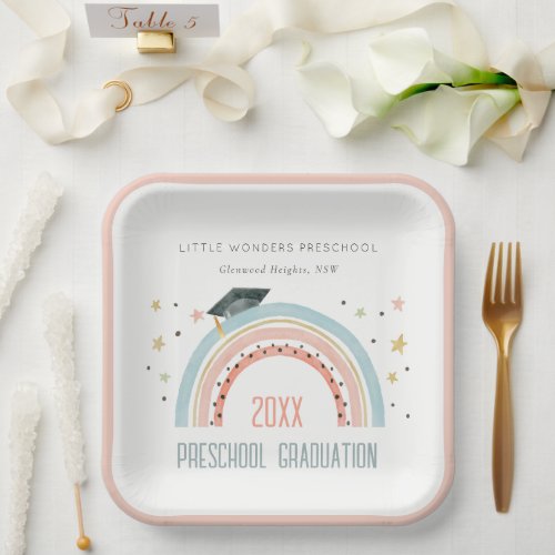 Cute Kids Boho Rainbow Stars Preschool Graduation Paper Plates