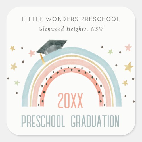 Cute Kids Boho Rainbow Stars Preschool Graduation Square Sticker