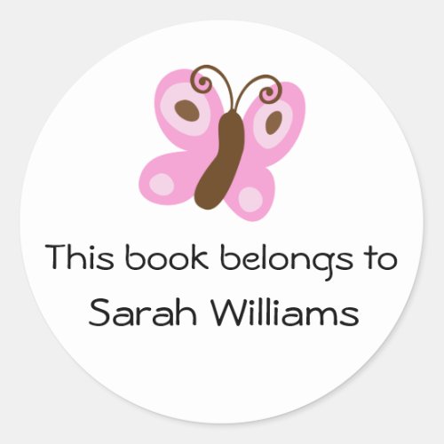 Cute kids bookplate stickers with pink butterfly