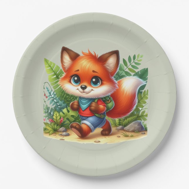 Cute kids Camping & Hiking fox party  Paper Plates (Front)