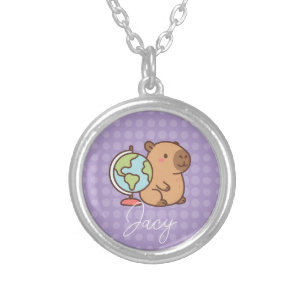 Cute Kids Capybara School Silver Plated Necklace
