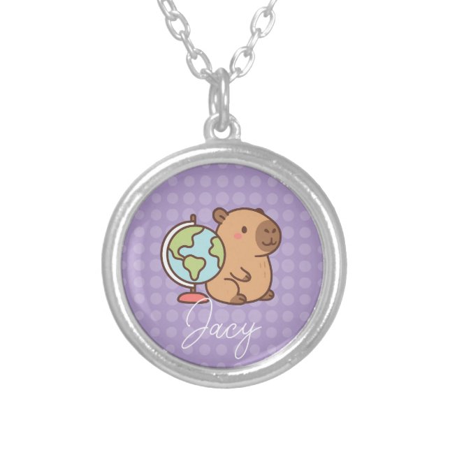 Cute Kids Capybara School Silver Plated Necklace (Front)