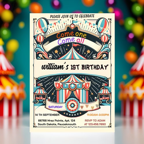 cute kids Carnival Circus Show 1st Birthday Invitation
