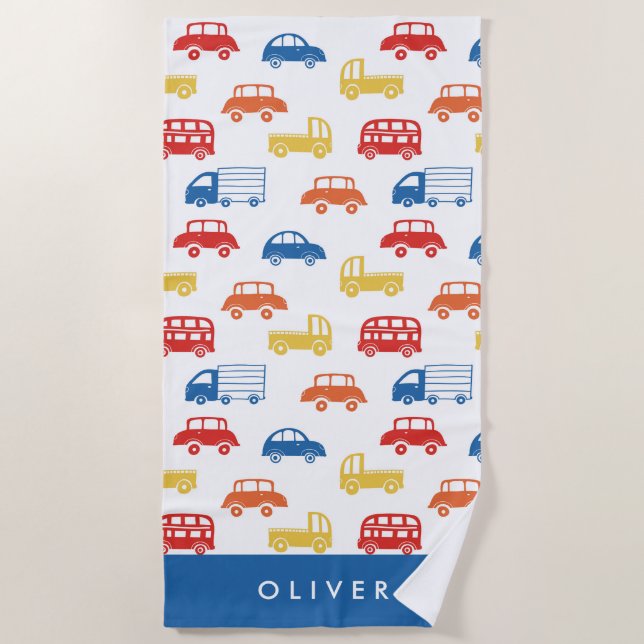 Cute Kids Cars Pattern Monogram Beach Towel (Front)