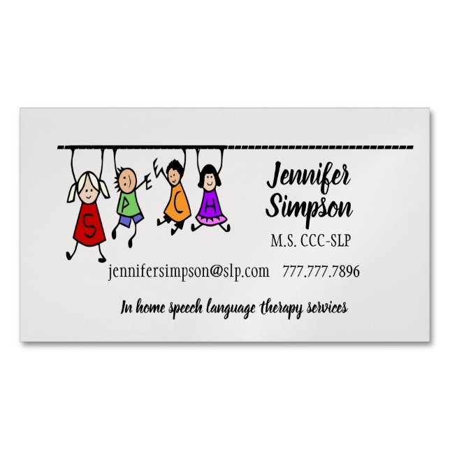 Cute Kids Cartoon Holding Speech Words Business Card Magnet (Front)