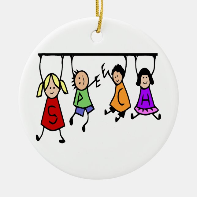 Cute Kids Cartoon Holding Speech Words Ceramic Ornament (Front)