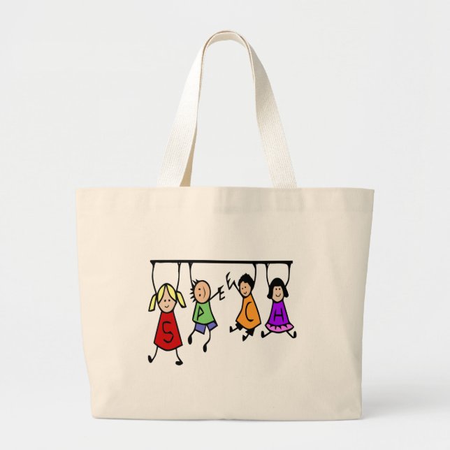 Cute Kids Cartoon Holding Speech Words Large Tote Bag (Front)