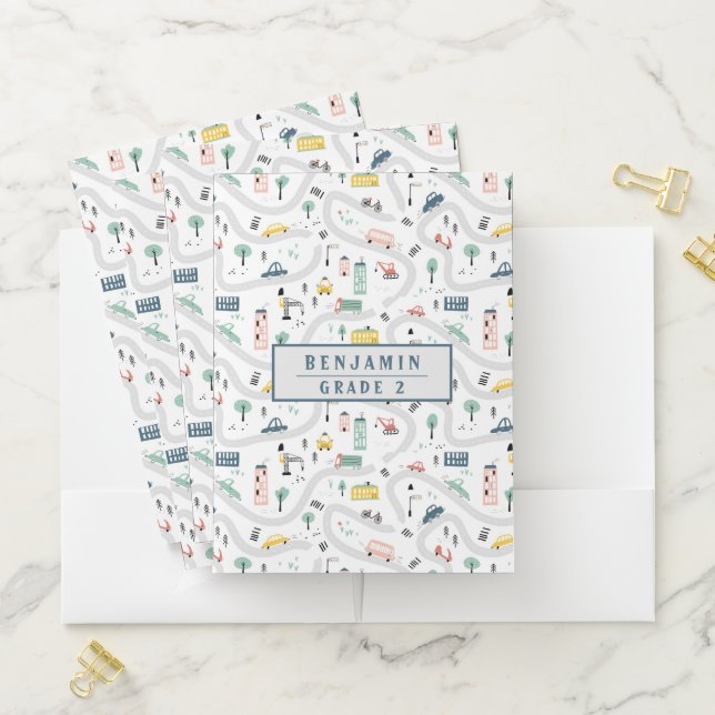 Cute Kids Cartoon Roads Cars City Town Pattern Pocket Folder (In Situ)