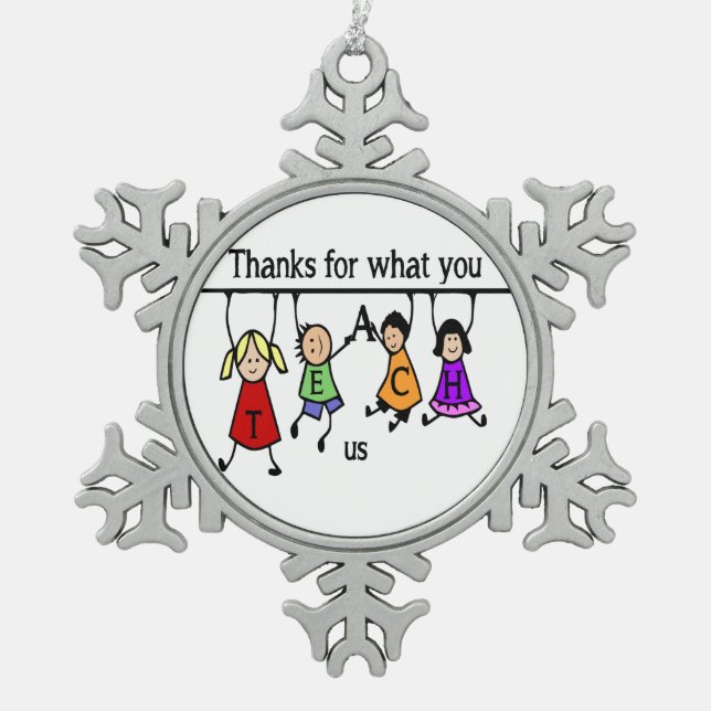 Cute Kids Cartoon Spelling Teach for Teachers Snowflake Pewter Christmas Ornament (Front)