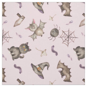 Cute Kids Cat Bat Spider Halloween Pattern Fabric