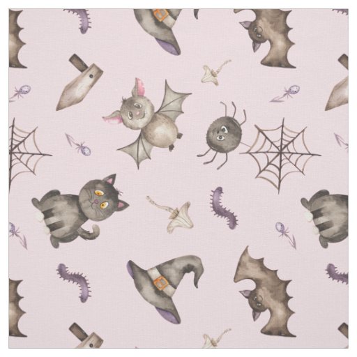Cute Kids Cat Bat Spider Halloween Pattern Fabric