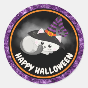 Cute Kids Cat & Purple Glitter Happy Halloween Classic Round Sticker