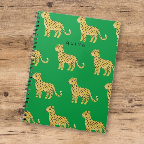 Cute Kids Cheetah Leopard Green w Name Notebook