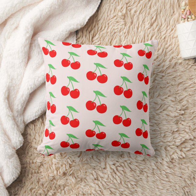 Cute Kids Cherry Pattern w Light Pink Background Throw Pillow (Blanket)
