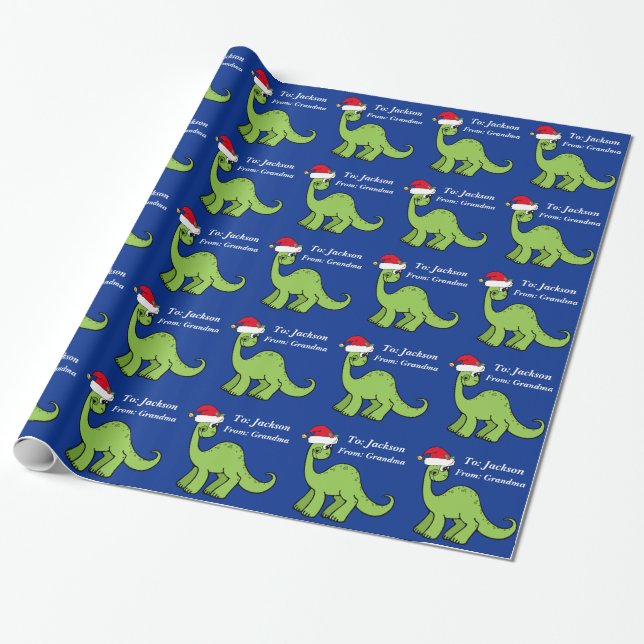 Cute Kids Christmas Dinosaur Custom Wrapping Paper (Unrolled)