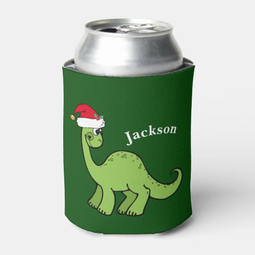 Cute Kids Christmas Dinosaur Green Personalized Can Cooler