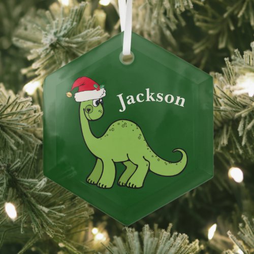 Cute Kids Christmas Dinosaur Green Personalized Glass Ornament