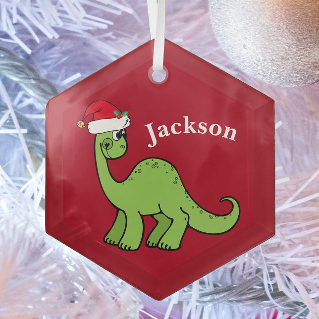 Cute Kids Christmas Dinosaur Red Custom Glass Ornament (Creator Uploaded)