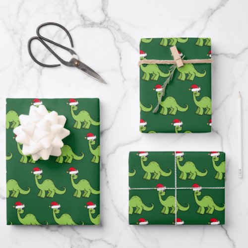 Cute Kids Christmas Dinosaur Santa Green Holiday Wrapping Paper Sheets