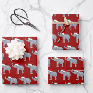 Cute Kids Christmas Elephant Santa Hat Red Holiday Wrapping Paper Sheets