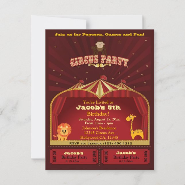 Cute Kid's Circus Tickets Birthday Party Invitation (Front)