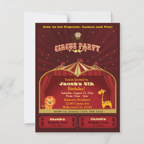 Cute Kids Circus Tickets Birthday Party Invitation