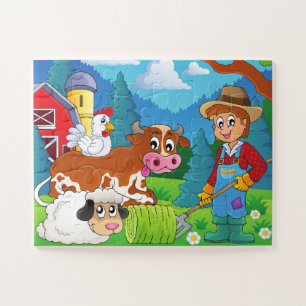 Cute Kids Colorful Farm Animals and Farmer Jigsaw Puzzle