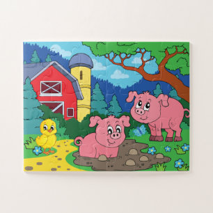 Cute Kids Colorful Farm Homestead Animals - Pigs Jigsaw Puzzle