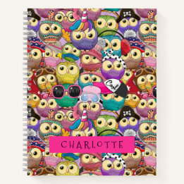 Cute Kids Colorful Owls Cartoon Seamless Pattern Notebook