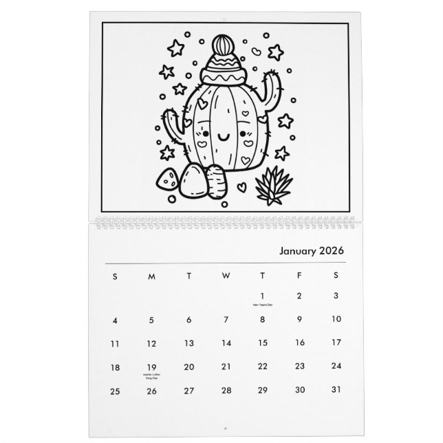 Cute Kids Coloring Calendar (Jan 2026)