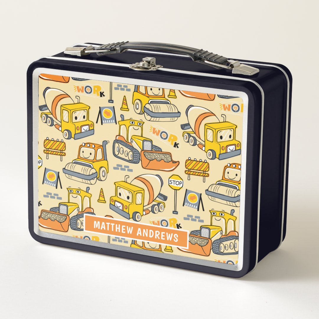 Cute Kids Construction Vehicles Personalized Name Metal Lunch Box | Zazzle